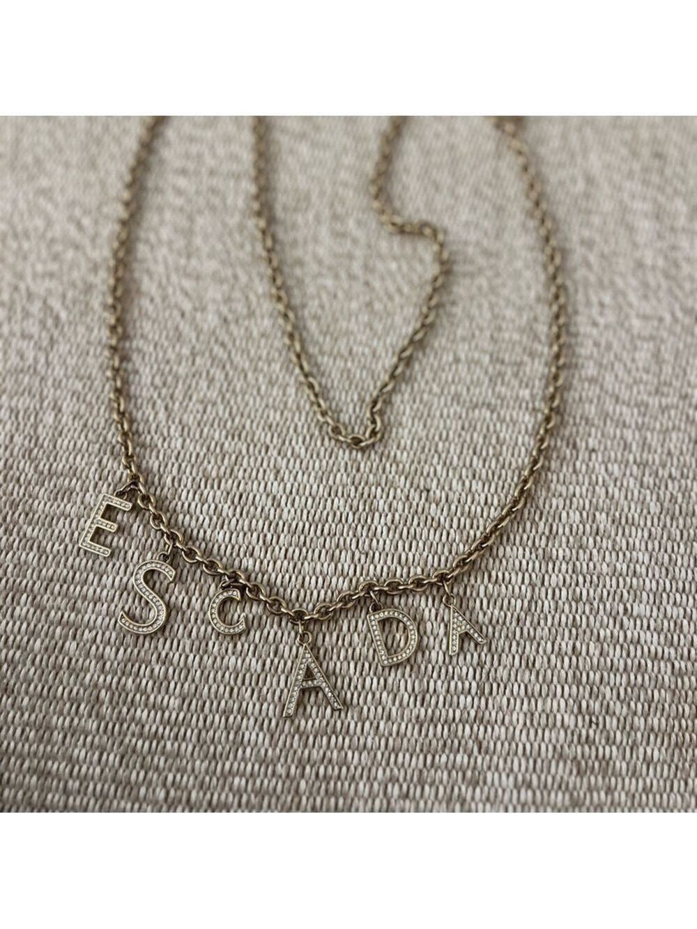 Vintage Escada ESCADA Crystal Letter Charm Necklace Gold Rhinestone RARE - Picture 3 of 6